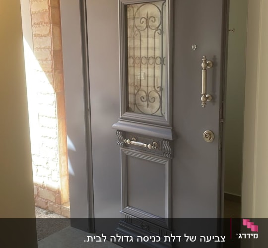 דלת מתכת אפורה עם עיטורים דקורטיביים